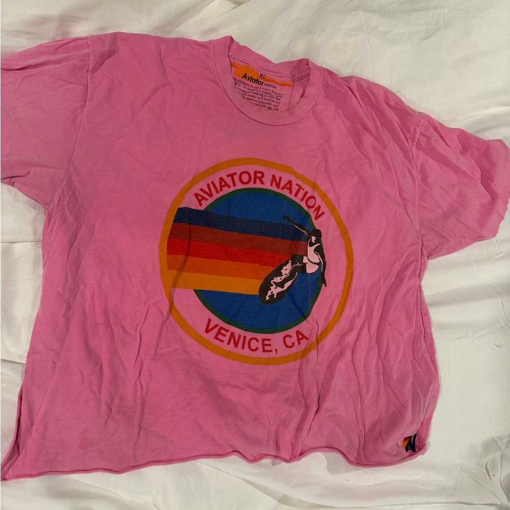 Aviator Nation neon Pink Tee with Rainbow Graphic